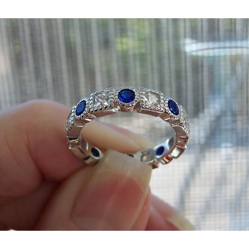 925 STERLING SILVER Blue Spinel & Clear CZ Bezel Set Eternity Band Ring - Picture 6 of 14